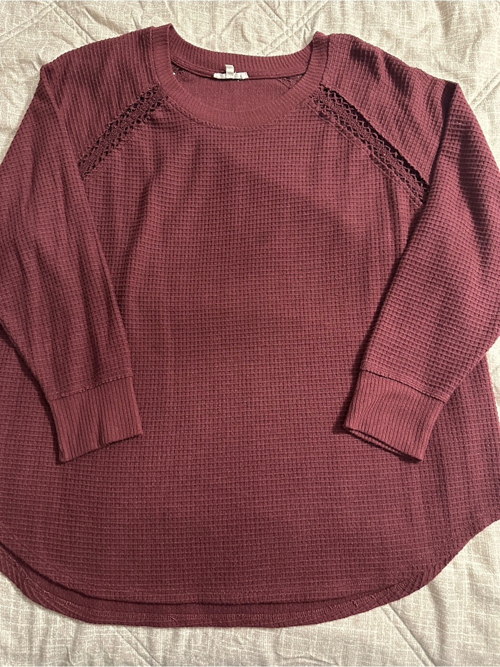 Maurices Burgundy Waffle Knit Crewneck Sweater with Crochet Trim